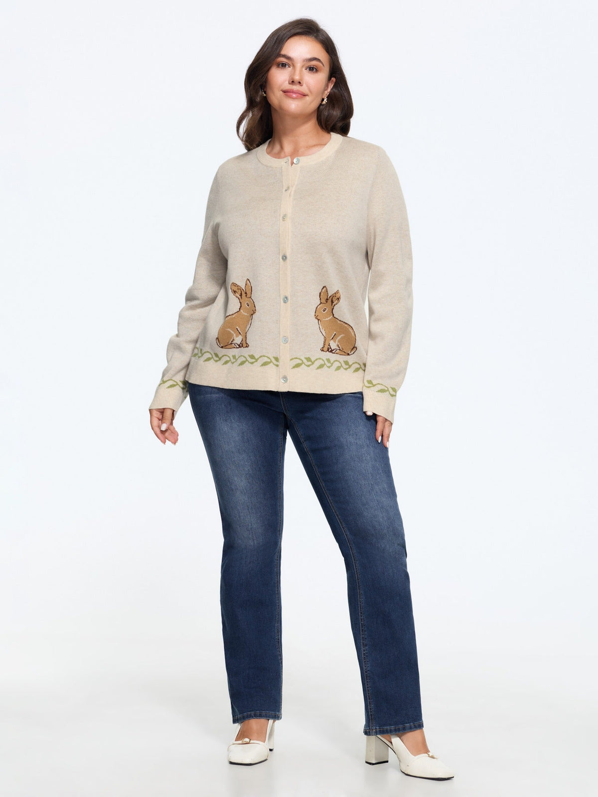 Rabbit Jacquard Round Neck Button Down Cardigan