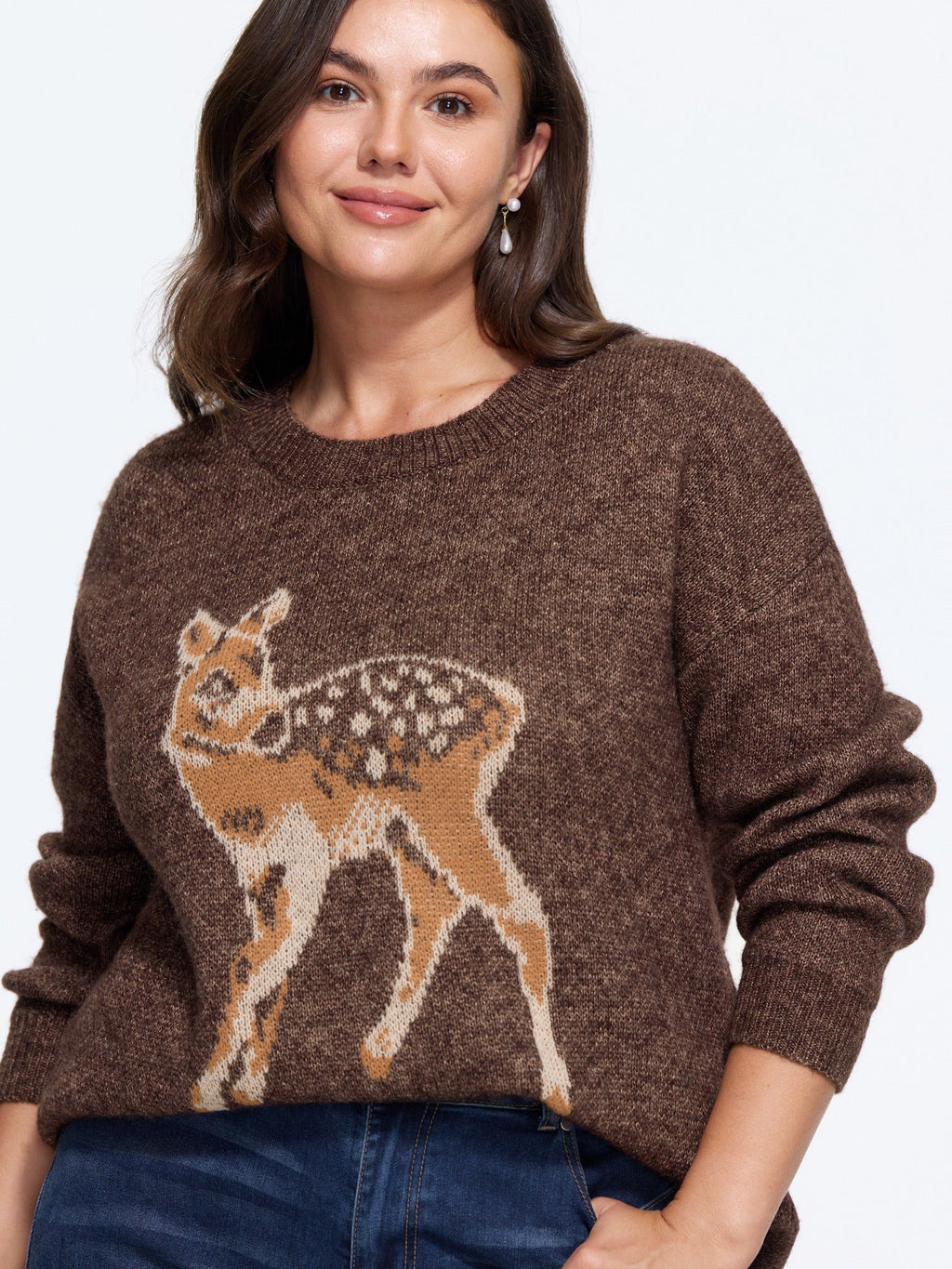 Deer Jacquard Crew Neck Drop‑Shoulder Pullover