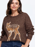 Deer Jacquard Crew Neck Drop‑Shoulder Pullover