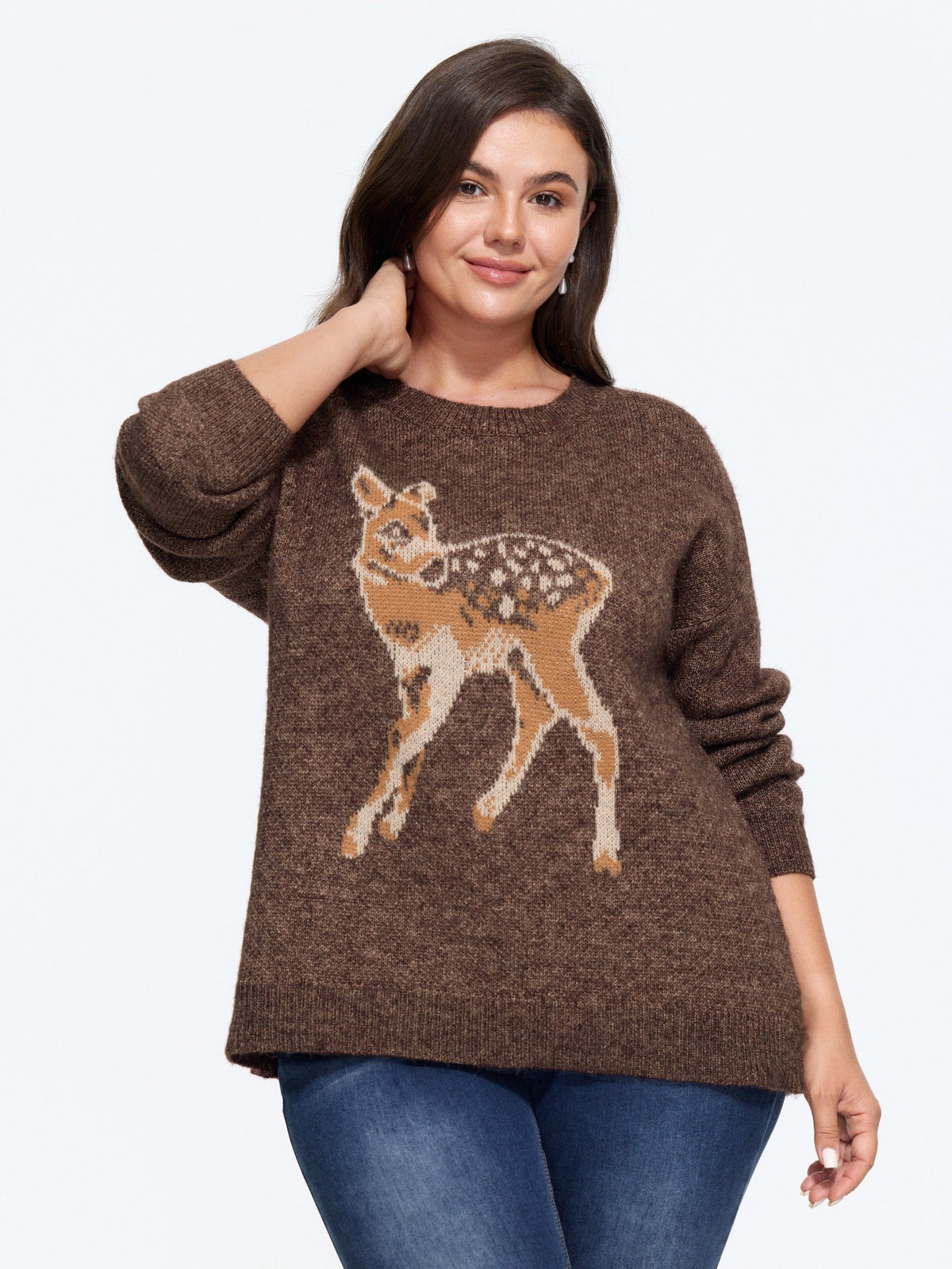 Deer Jacquard Crew Neck Drop‑Shoulder Pullover