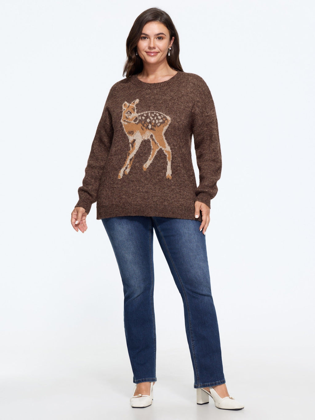 Deer Jacquard Crew Neck Drop‑Shoulder Pullover