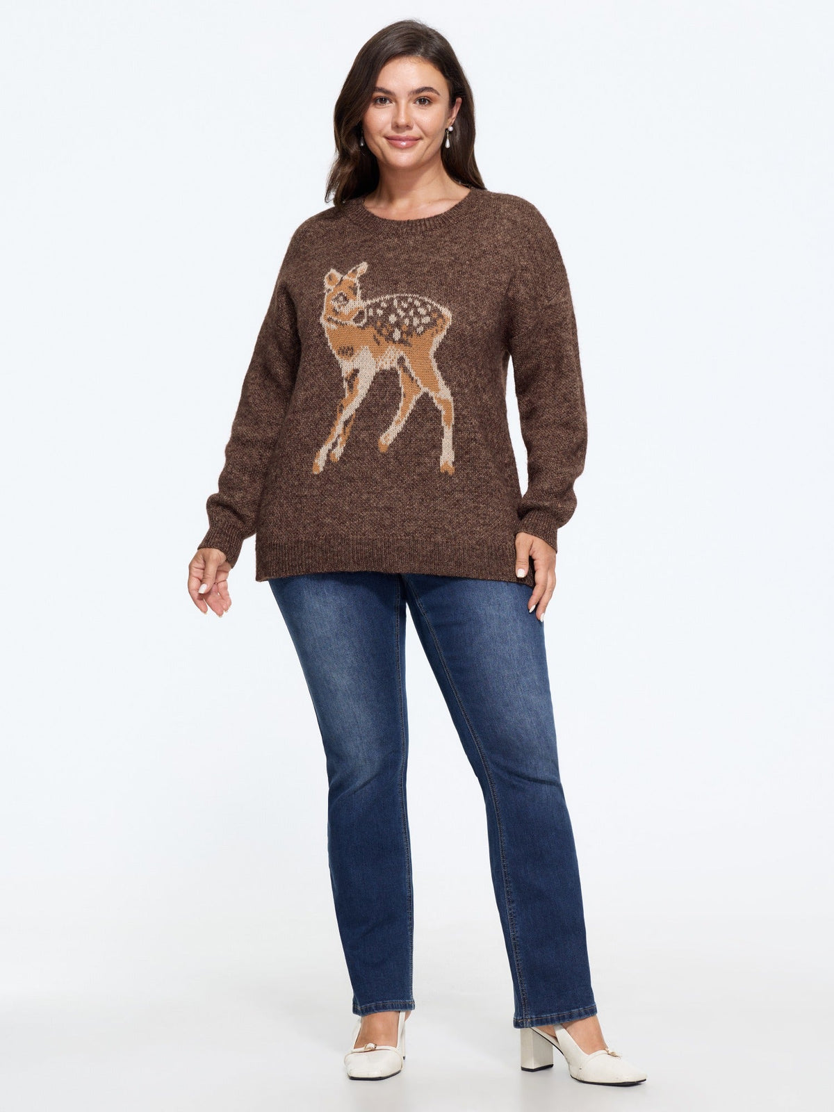 Deer Jacquard Crew Neck Drop‑Shoulder Pullover