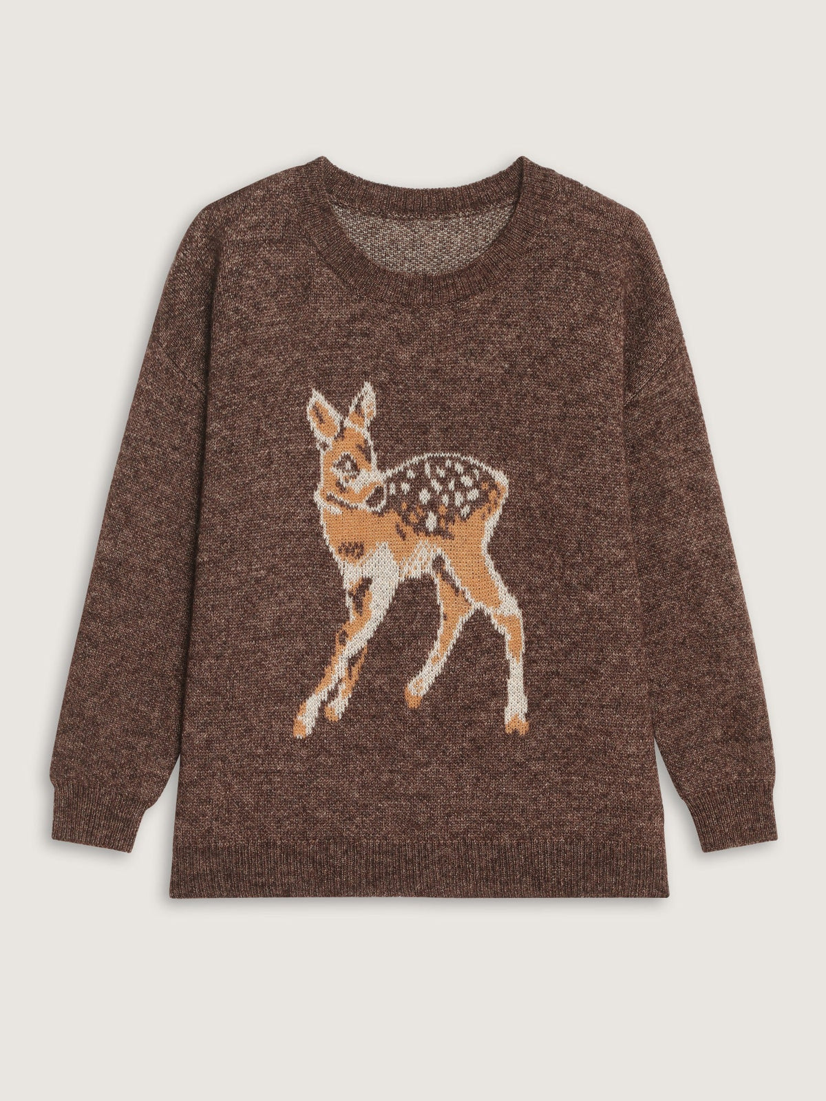 Deer Jacquard Crew Neck Drop‑Shoulder Pullover