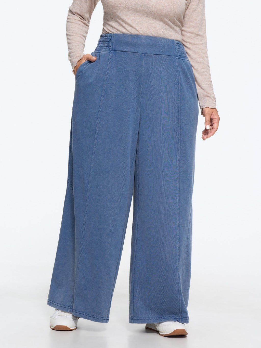 Stretch Washed Shirred Waist Wide Leg Pants