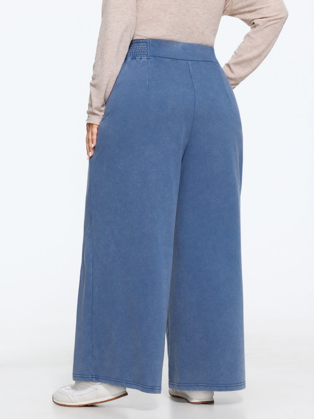 Stretch Washed Shirred Waist Wide Leg Pants
