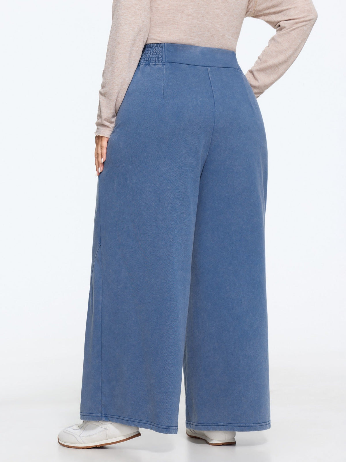 Stretch Washed Shirred Waist Wide Leg Pants
