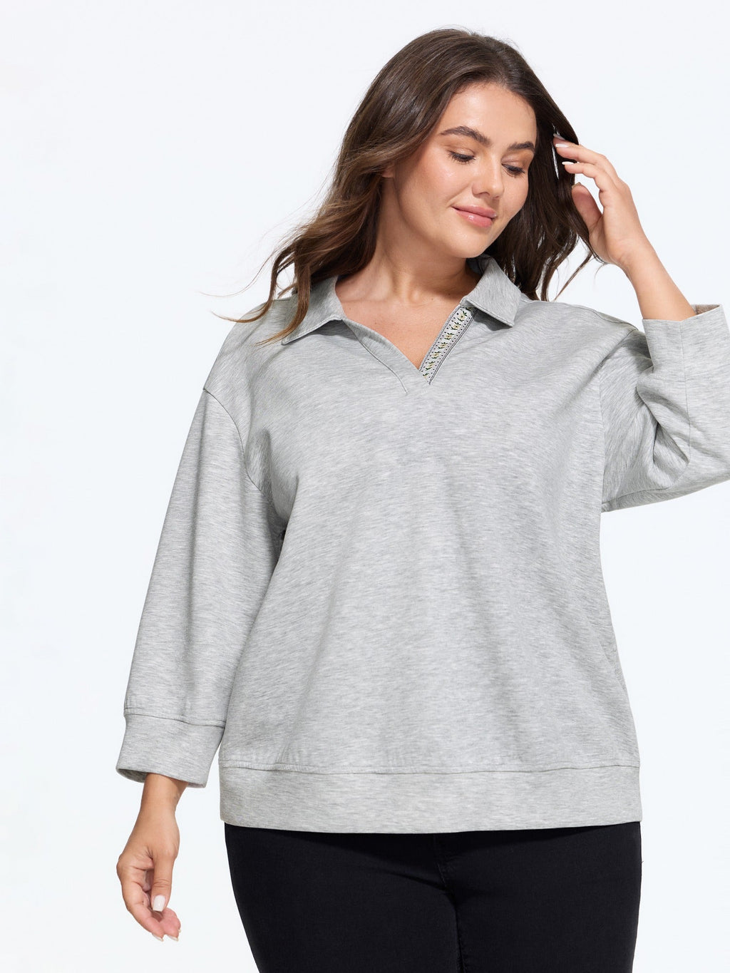 Collared Neck Heather Casual Sweatshirt