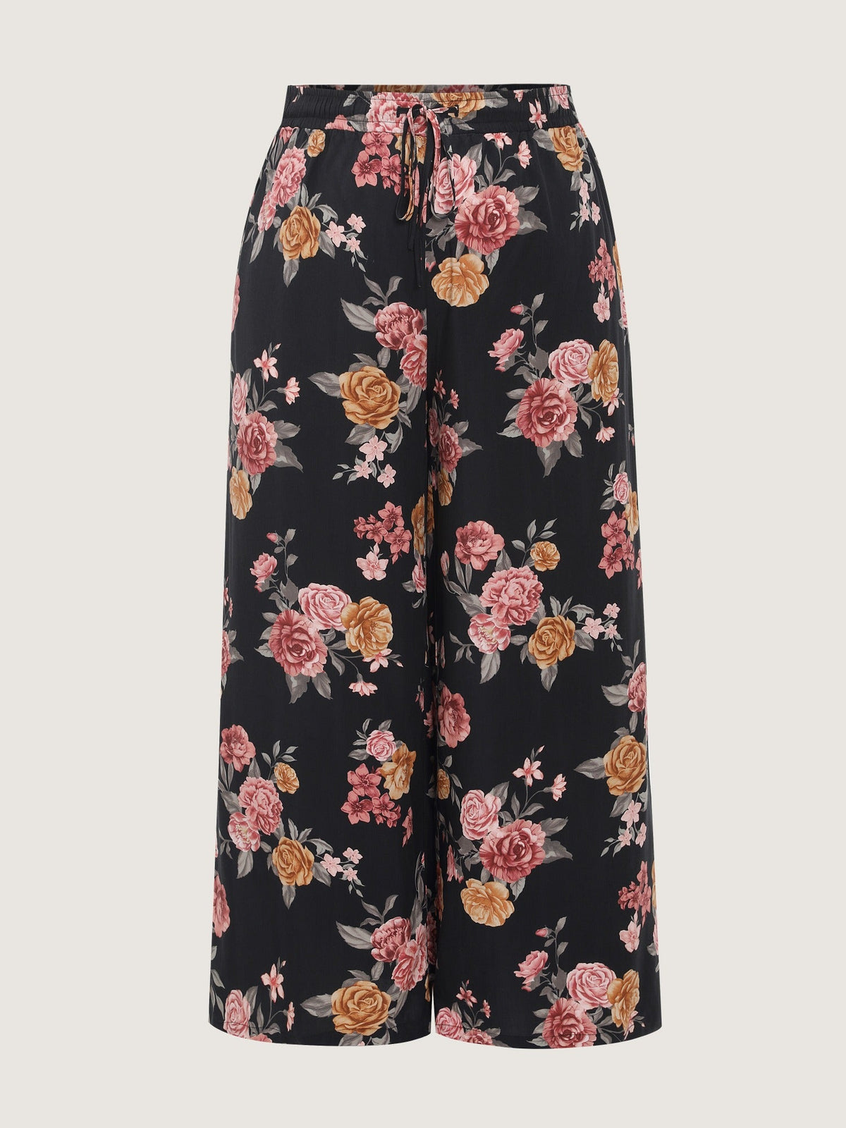 Floral Print Drawstring Waist Wide‑Leg Pants