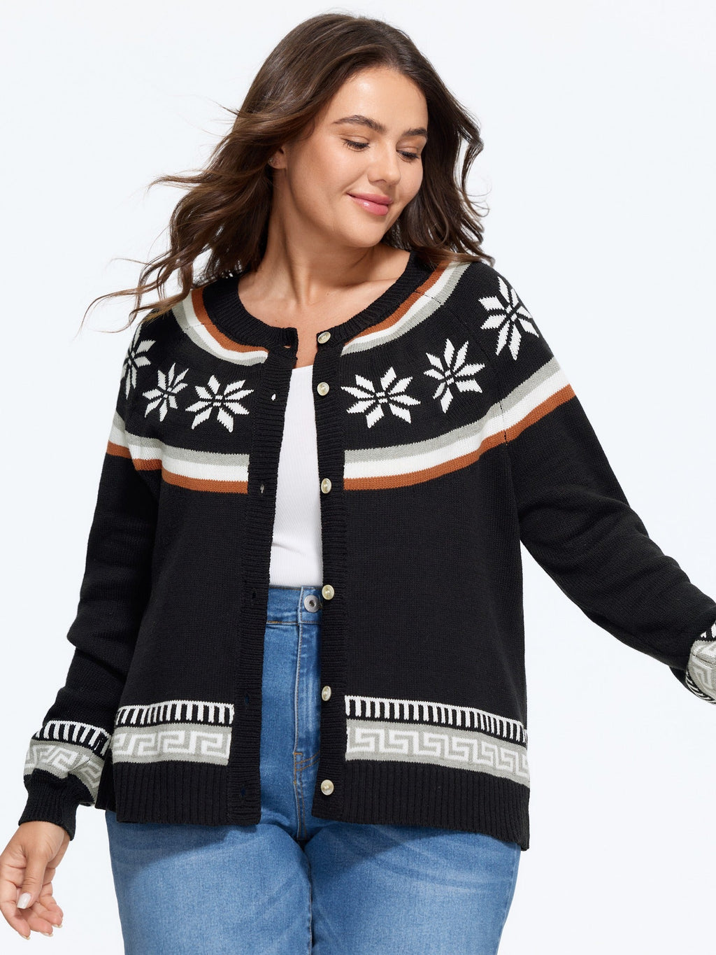Snowflake Fair Isle Button‑Front Cardigan