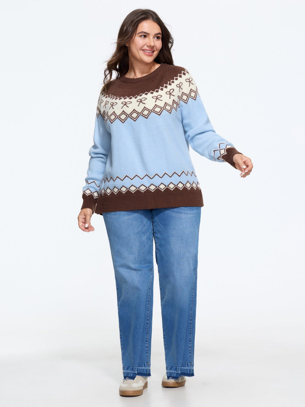 Retro Bow & Diamond Pattern Color Contrast Pullover