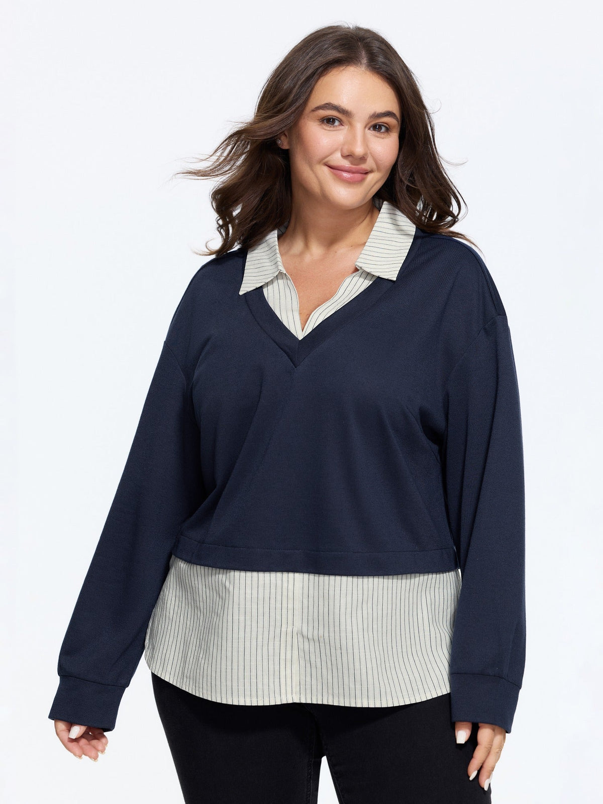 2 In 1 Lapel Collar Striped Hem Blouse