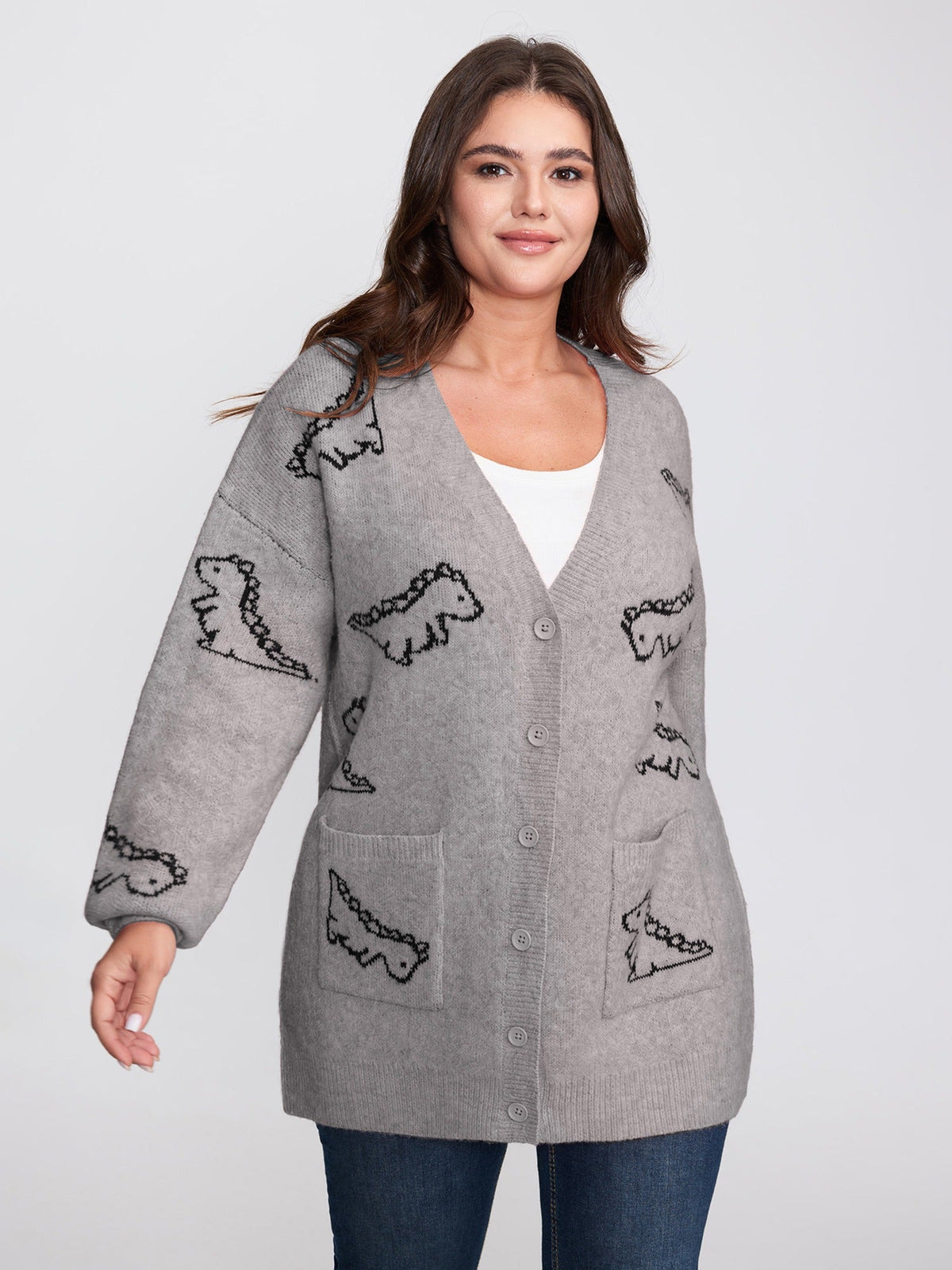 Jacquard Dinosaur Print Knit Cardigan