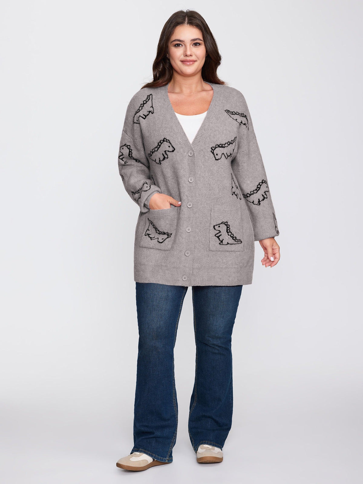 Jacquard Dinosaur Print Knit Cardigan