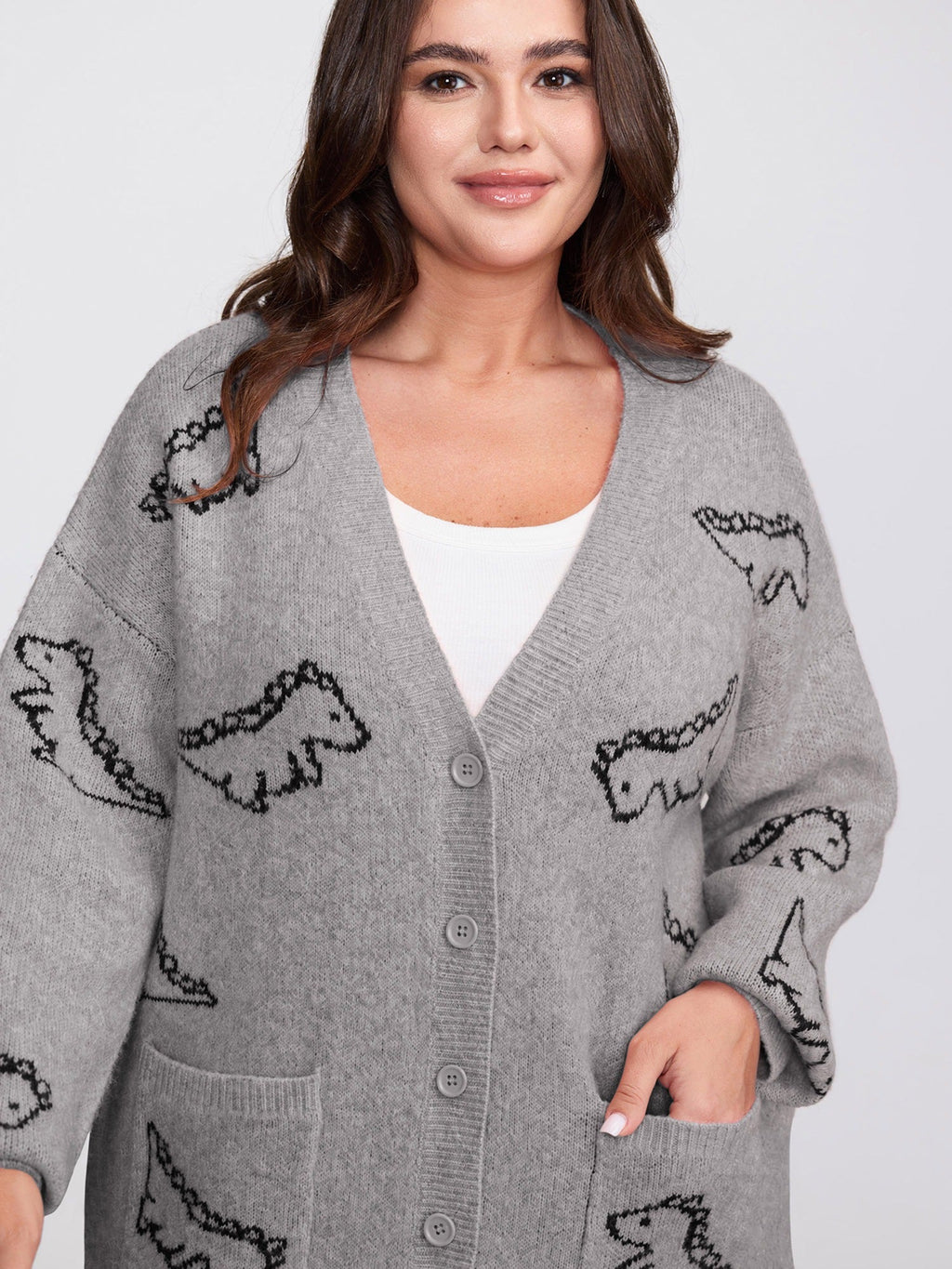 Jacquard Dinosaur Print Knit Cardigan