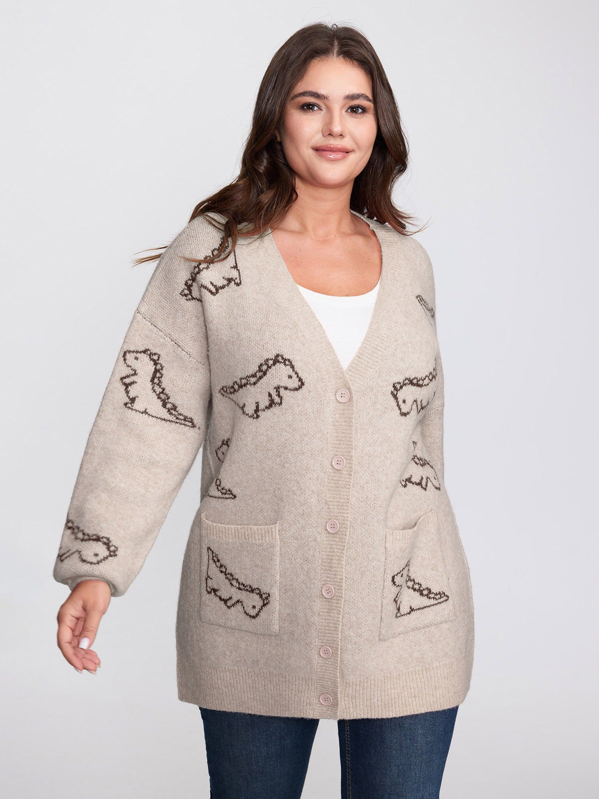 Jacquard Dinosaur Print Knit Cardigan