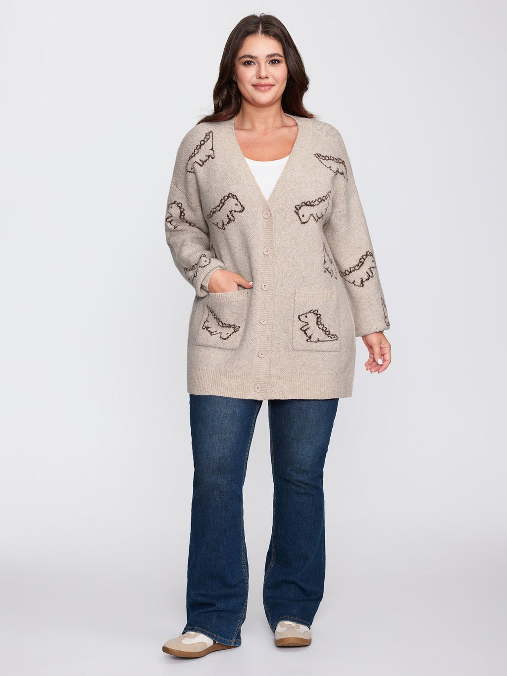 Jacquard Dinosaur Print Knit Cardigan