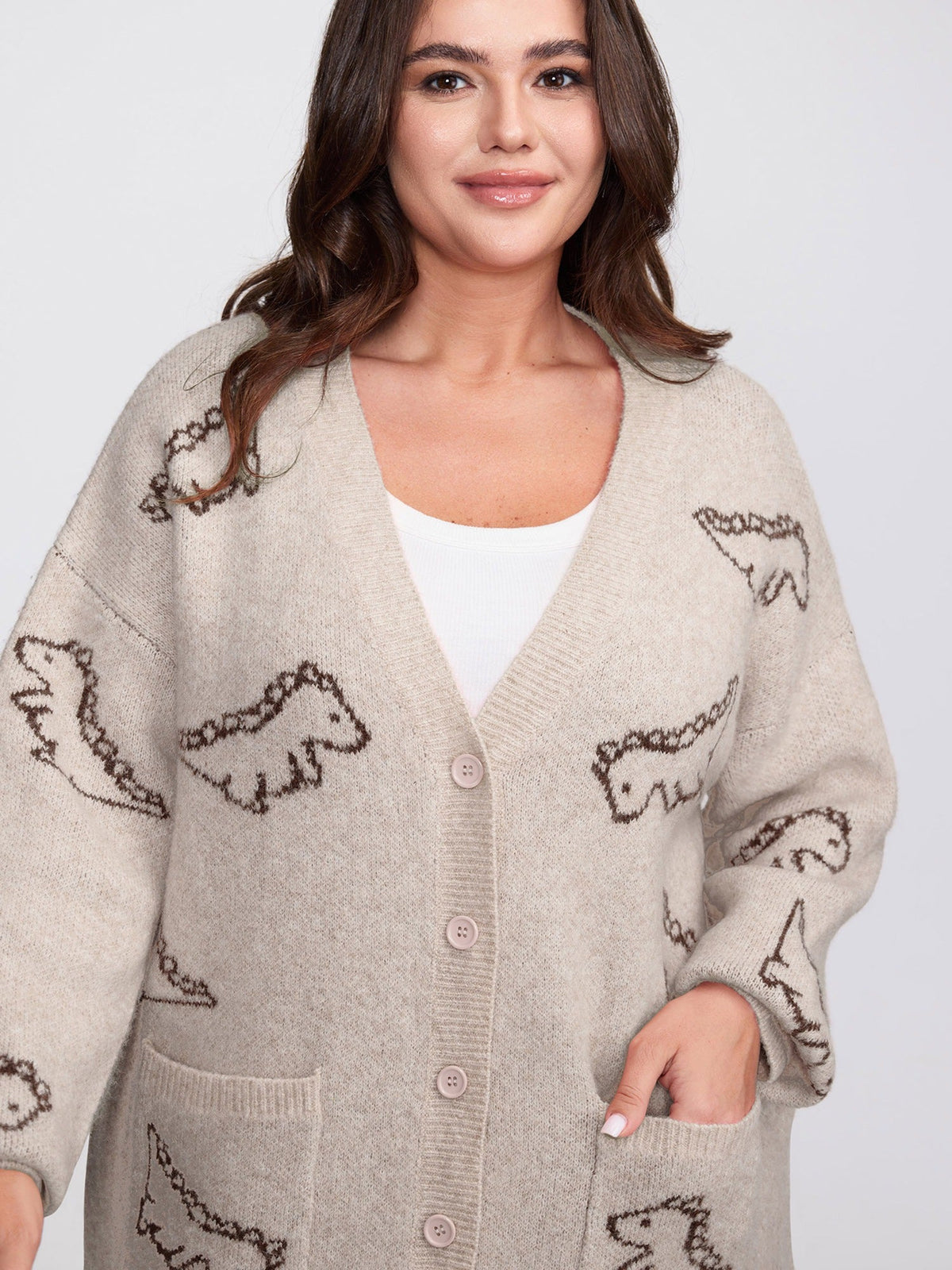 Jacquard Dinosaur Print Knit Cardigan
