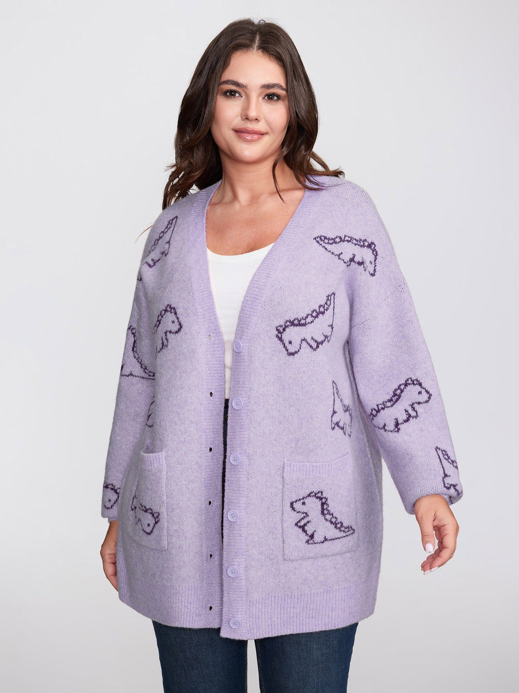 Jacquard Dinosaur Print Knit Cardigan