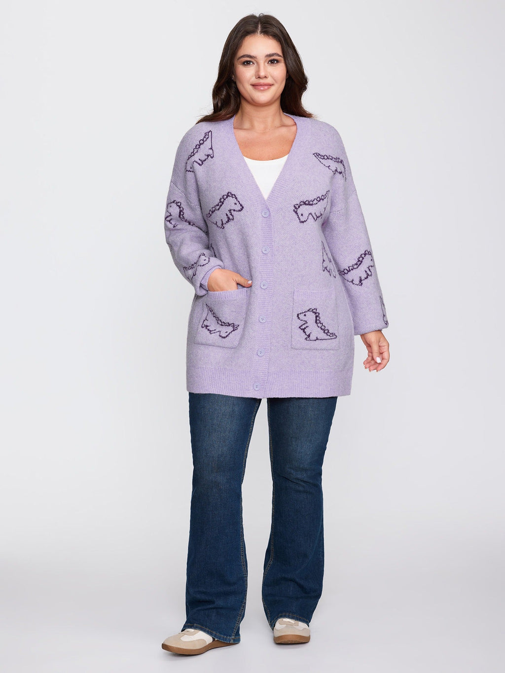 Jacquard Dinosaur Print Knit Cardigan