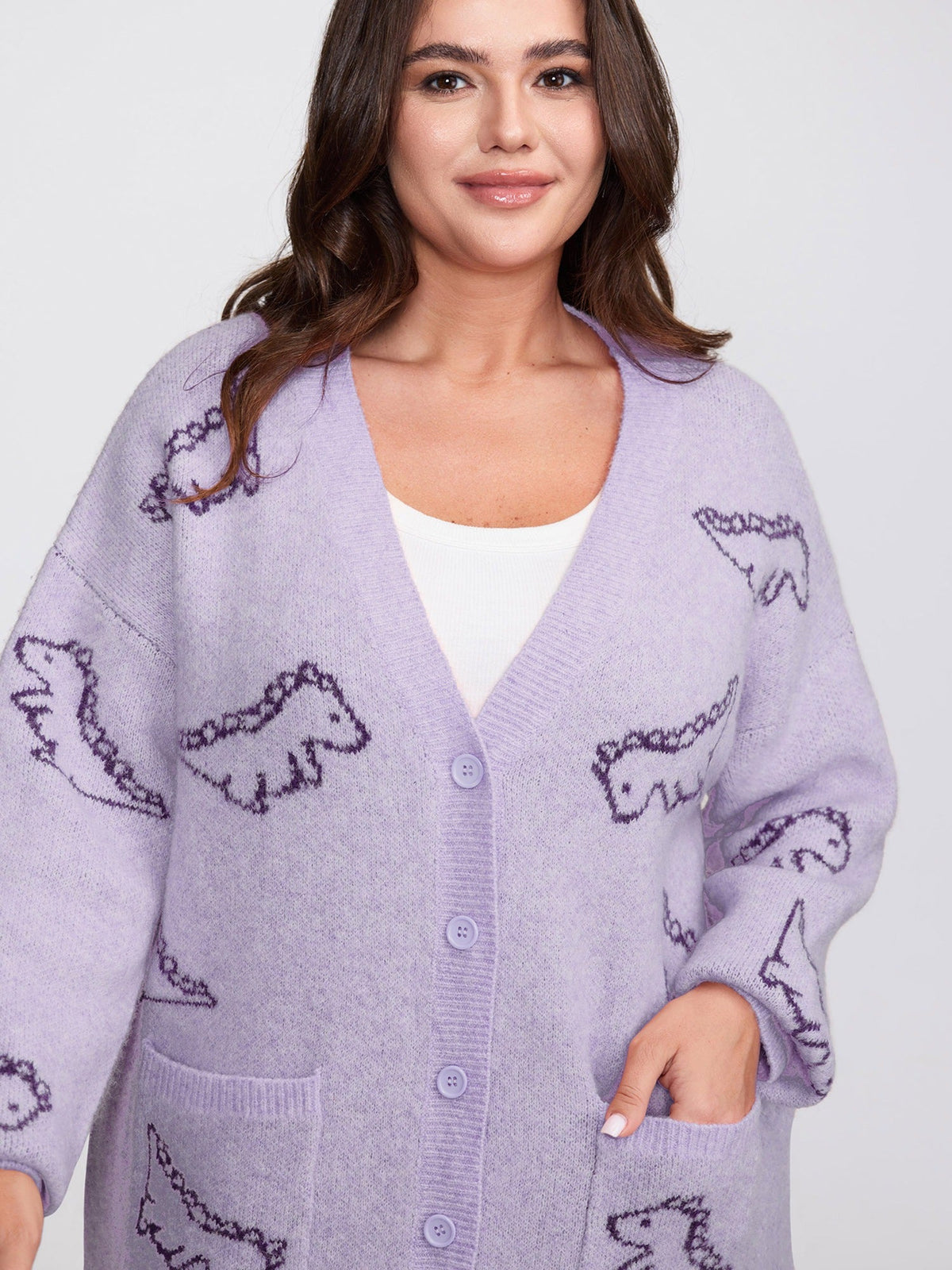 Jacquard Dinosaur Print Knit Cardigan