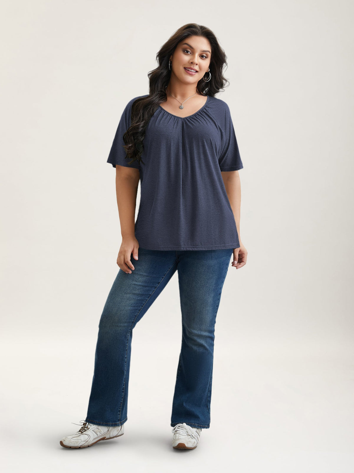 Pleated Plain Half-Sleeve Knit Top