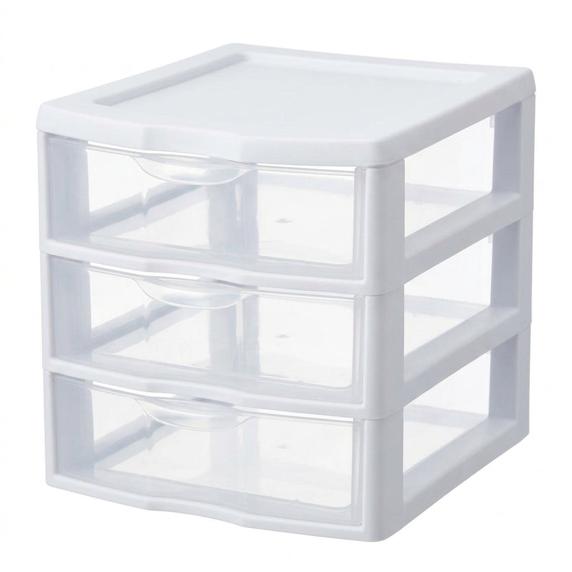 3-Tier Plastic Desktop Drawer Organizer, White Frame Semi-Clear Storage Chest for Desk, Vanity, Makeup & Small Office Supplies