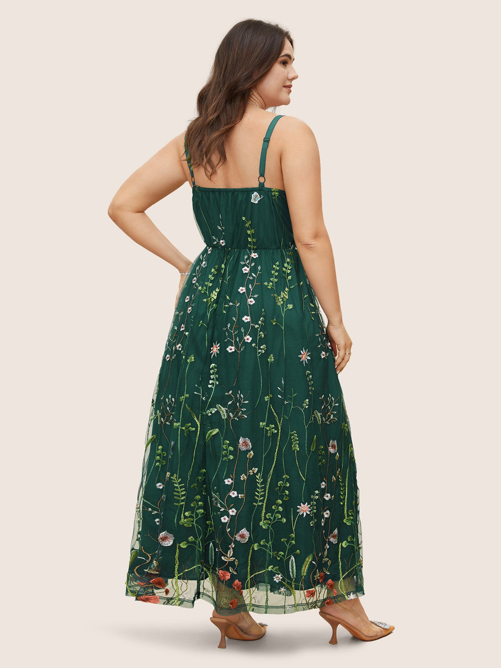 U Neck Floral Embroidered Mesh Cami Dress