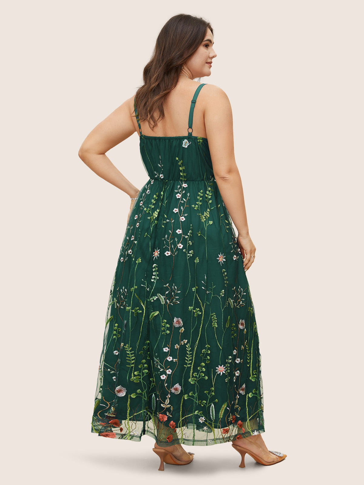 U Neck Floral Embroidered Mesh Cami Dress