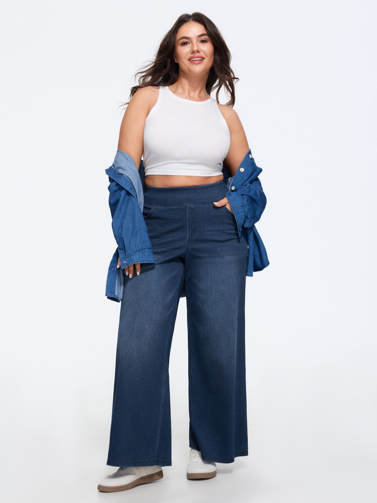 Stretchy Pull-On Wide-Leg Knit Jeans