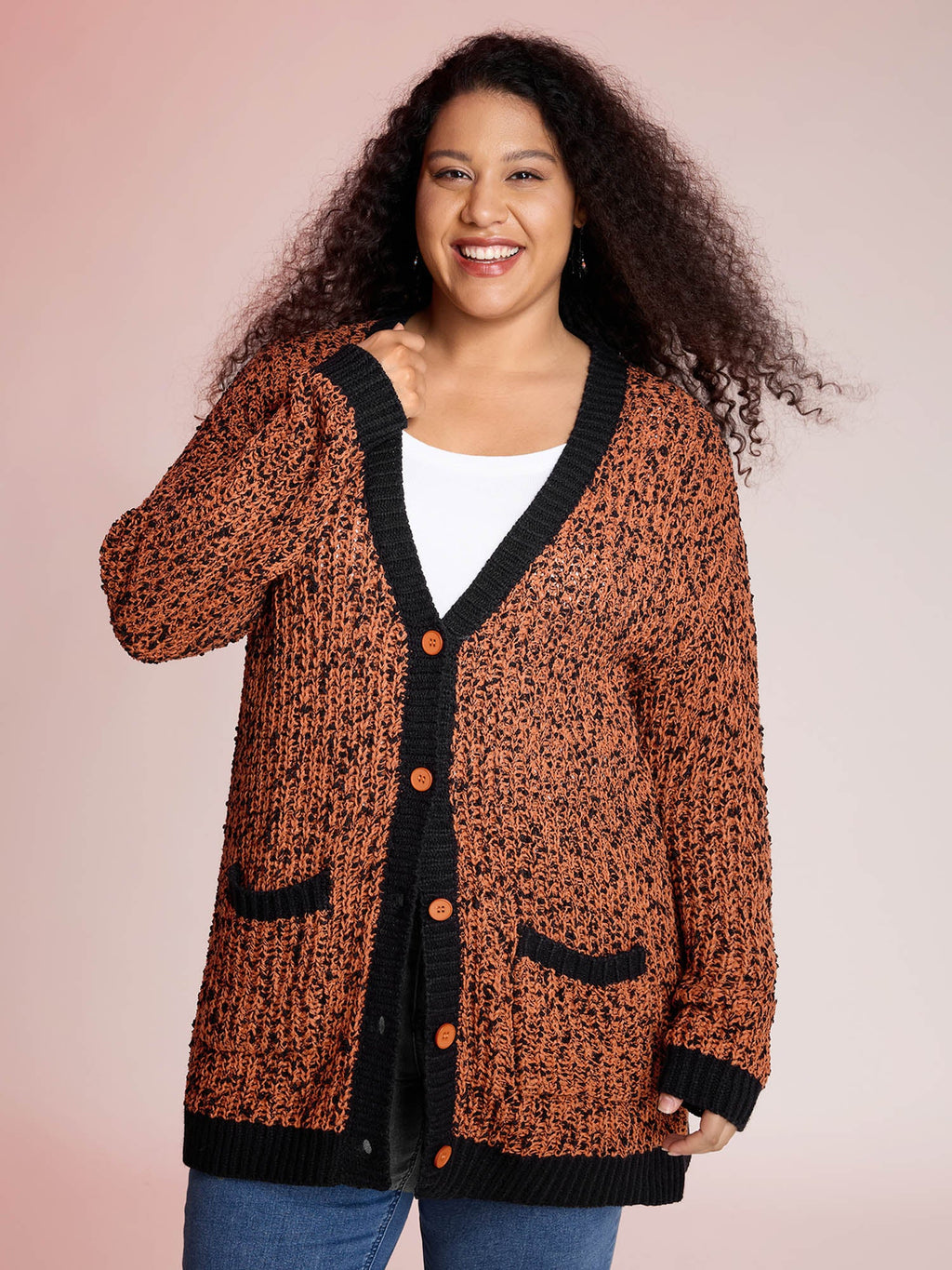 Textured Color Contrast Edges Pockets Cardigan
