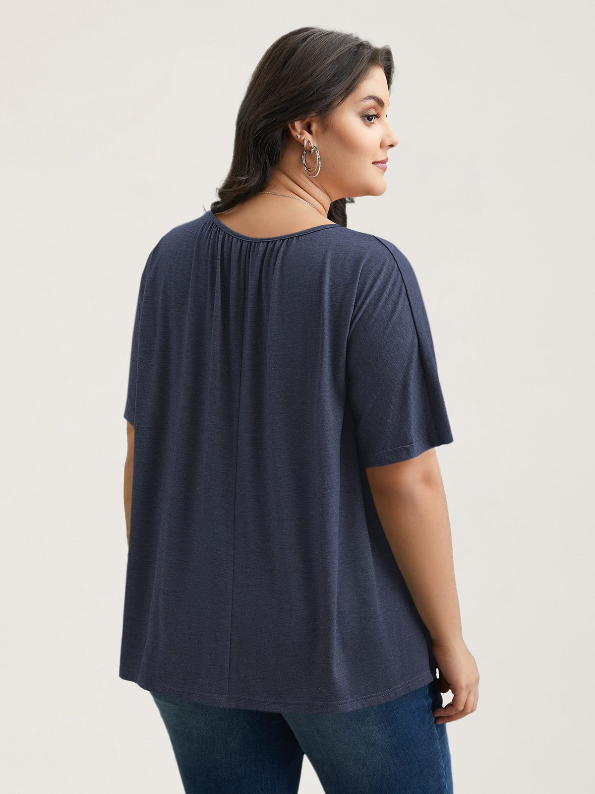 Pleated Plain Half-Sleeve Knit Top