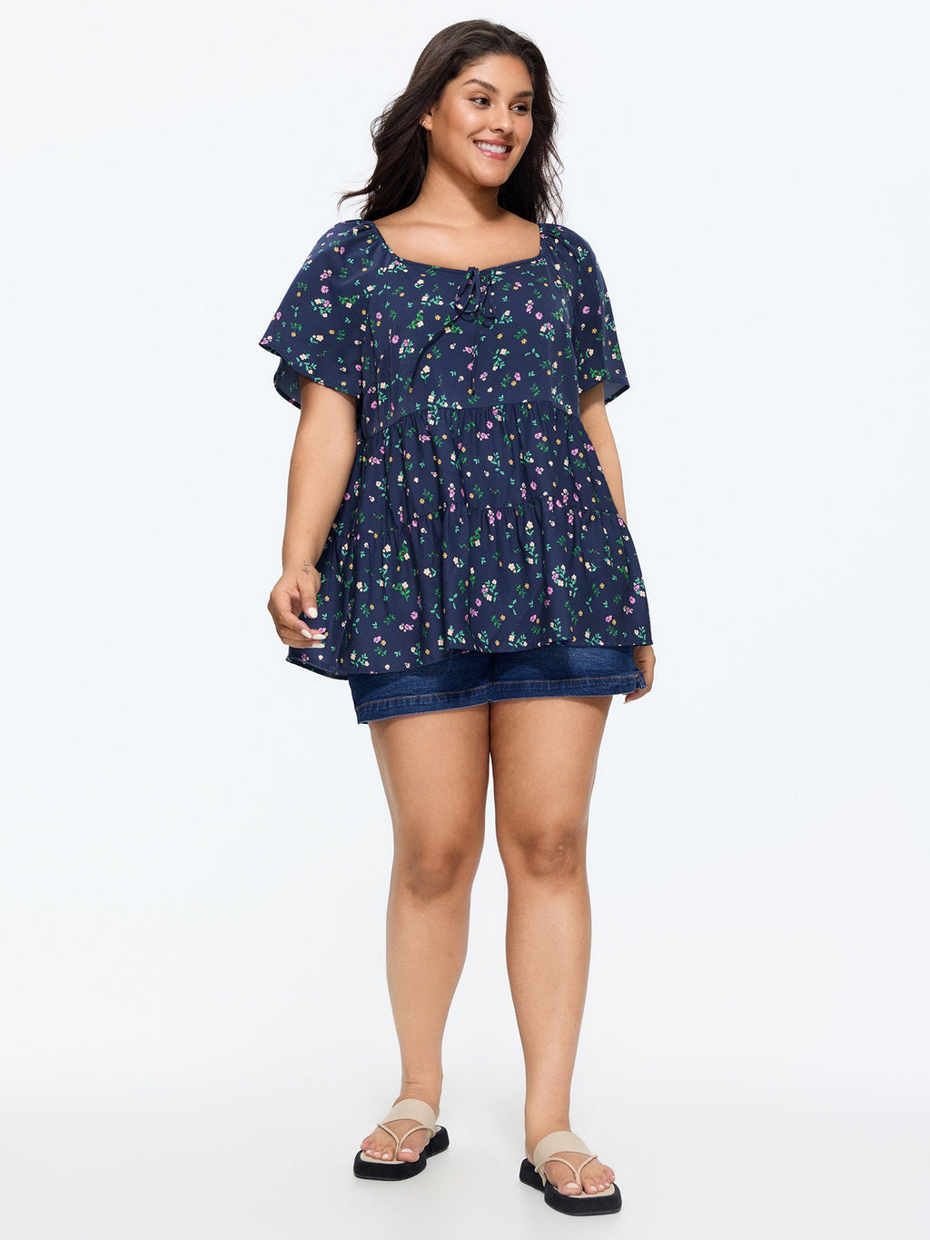 Micro Floral Print Sweetheart Neck Blouse