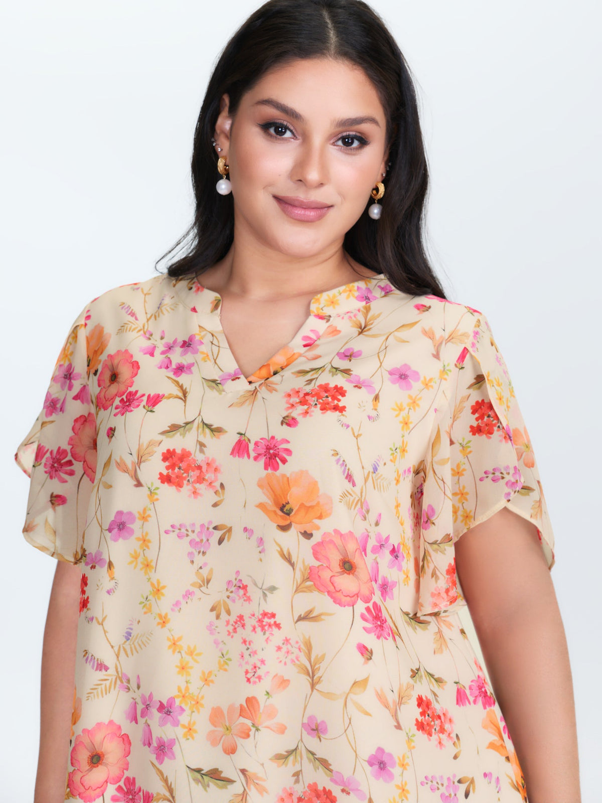 Sweet Floral Print Petal Sleeve Blouse
