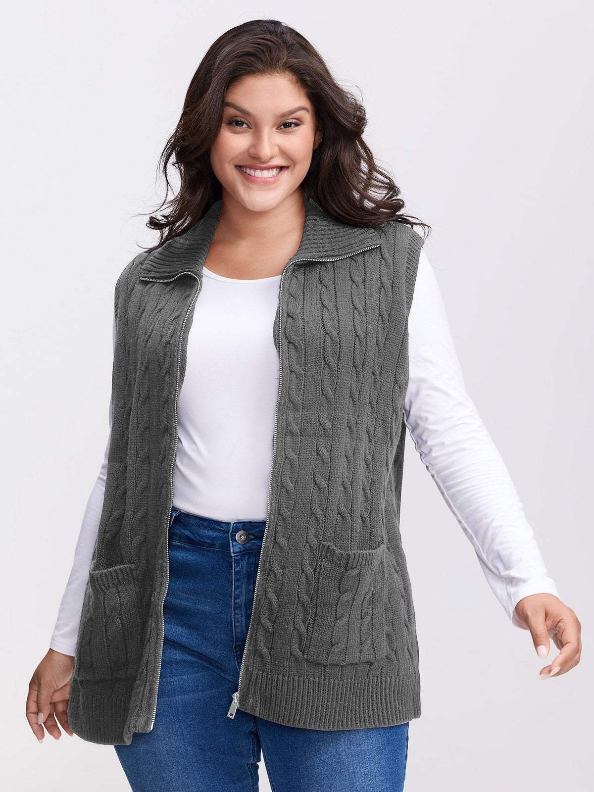 Cable Zipper Sleeveless Knit Cardigan