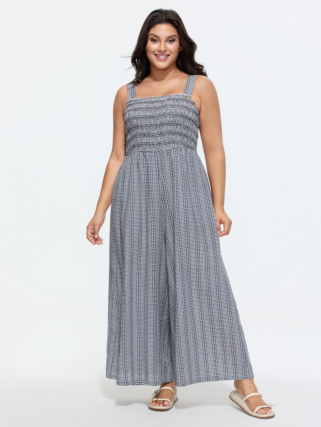 Striped Print Shirred Wide-Straps Jumpsuit