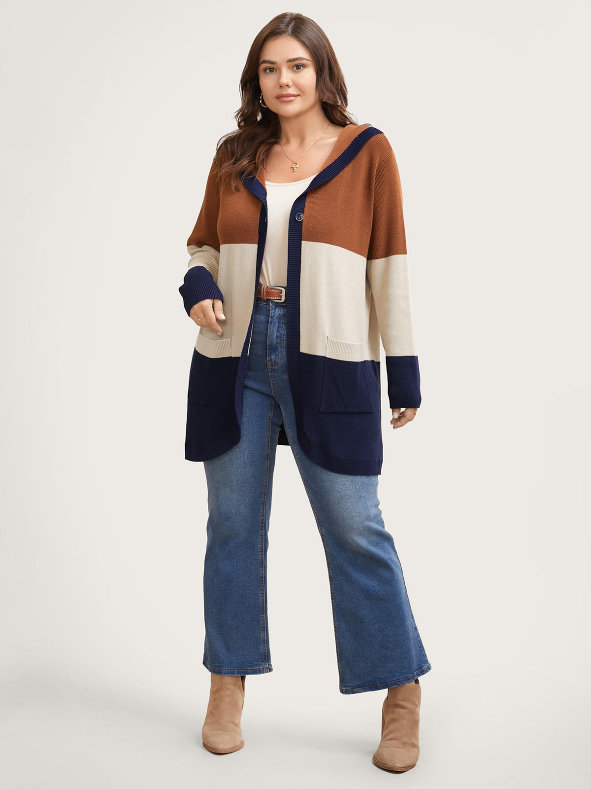 Colorblock Contrast Patched Pocket Hooded Cardigan