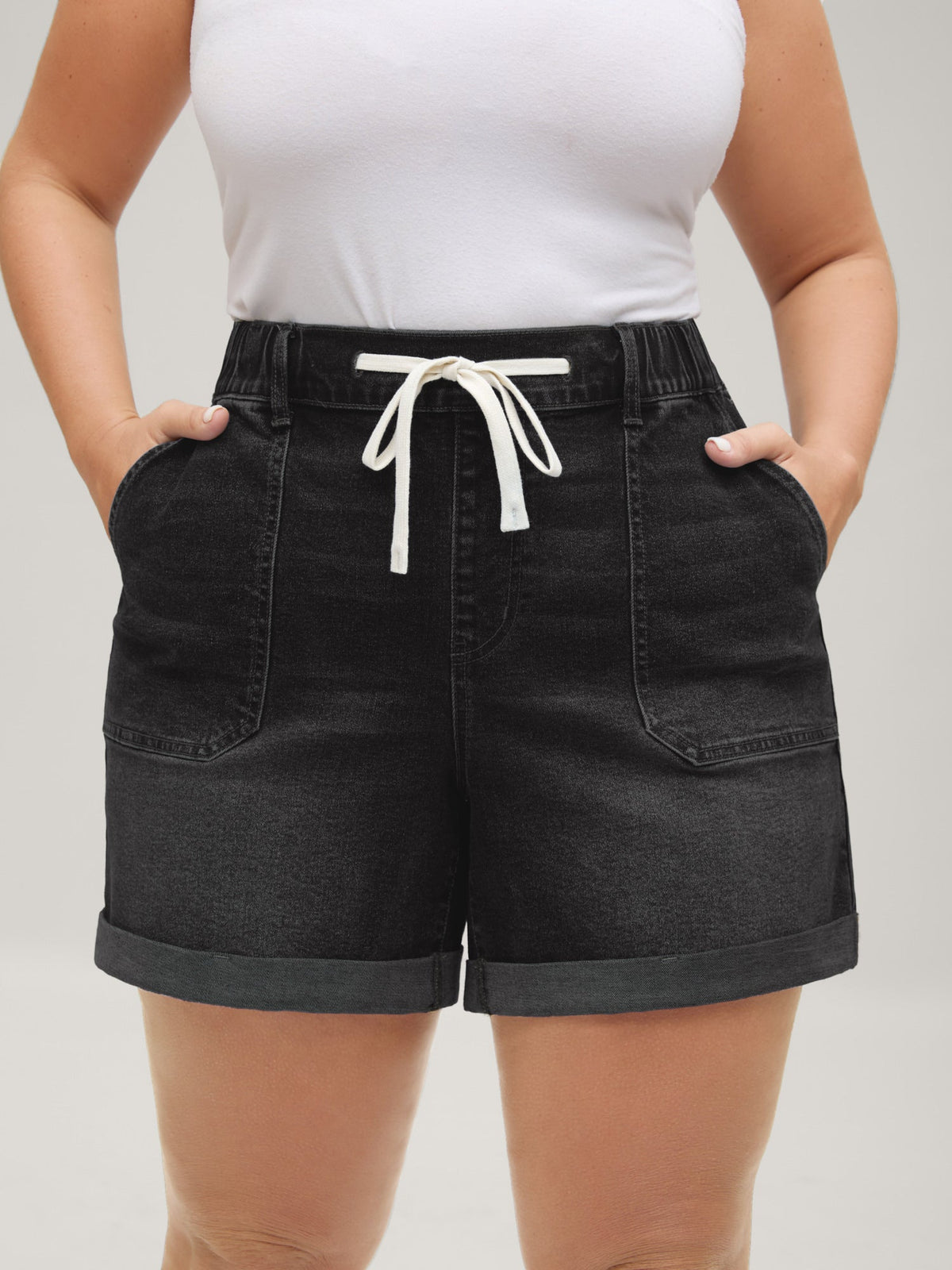 Pull-On Folded Hem High-Rise Denim Shorts