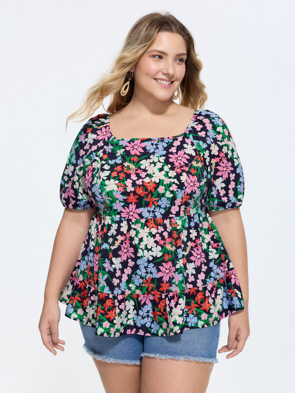 Floral Square Neck Fit and Flare Blouse