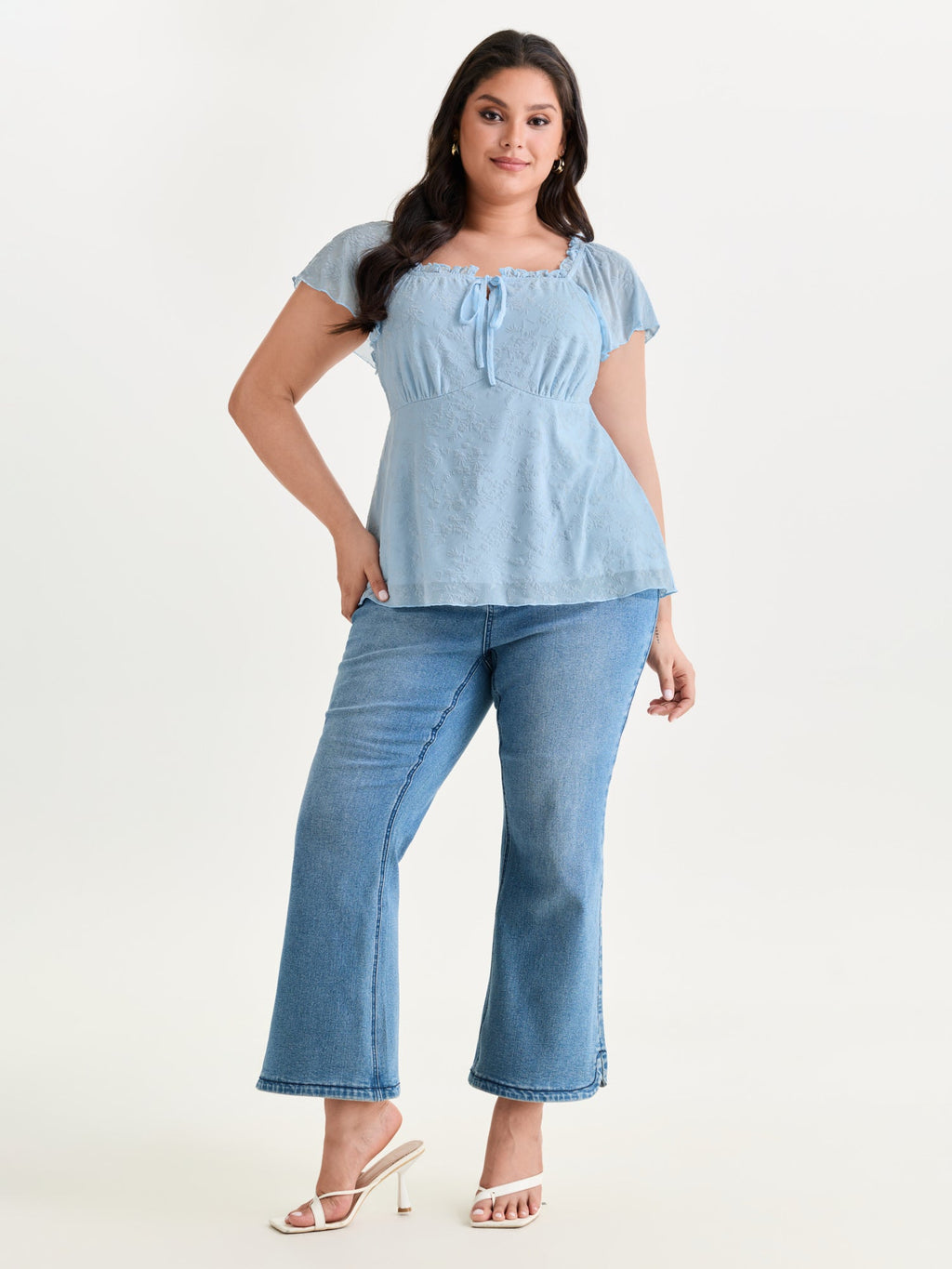 Flocked Floral Drawstring Neckline Knit Top