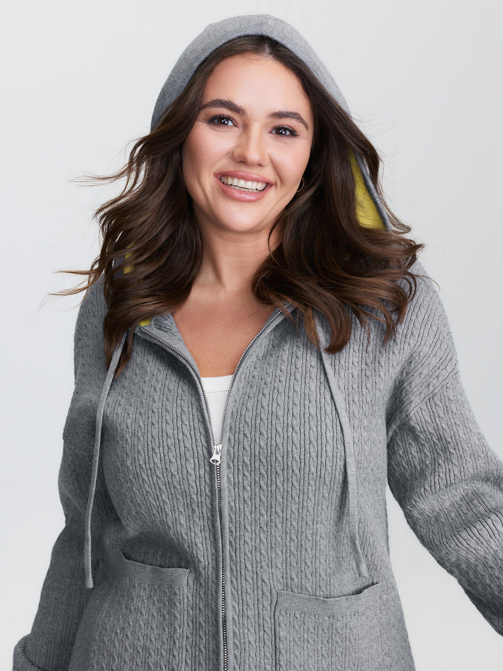 Textured Contrast Hooded Zipper Knit Cardigan
