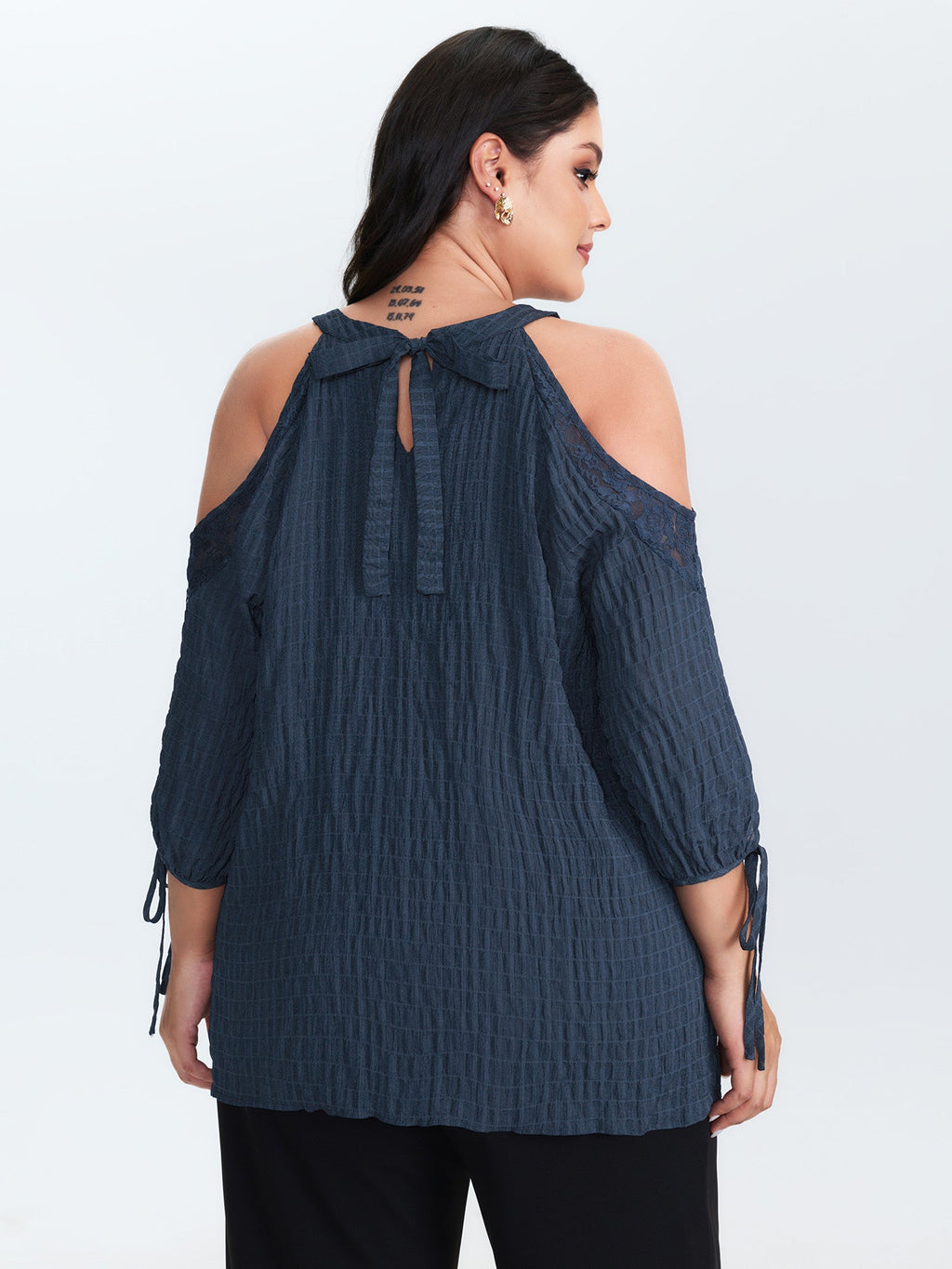 Shoulder Cut-Out Textured Back-Tie Blouse