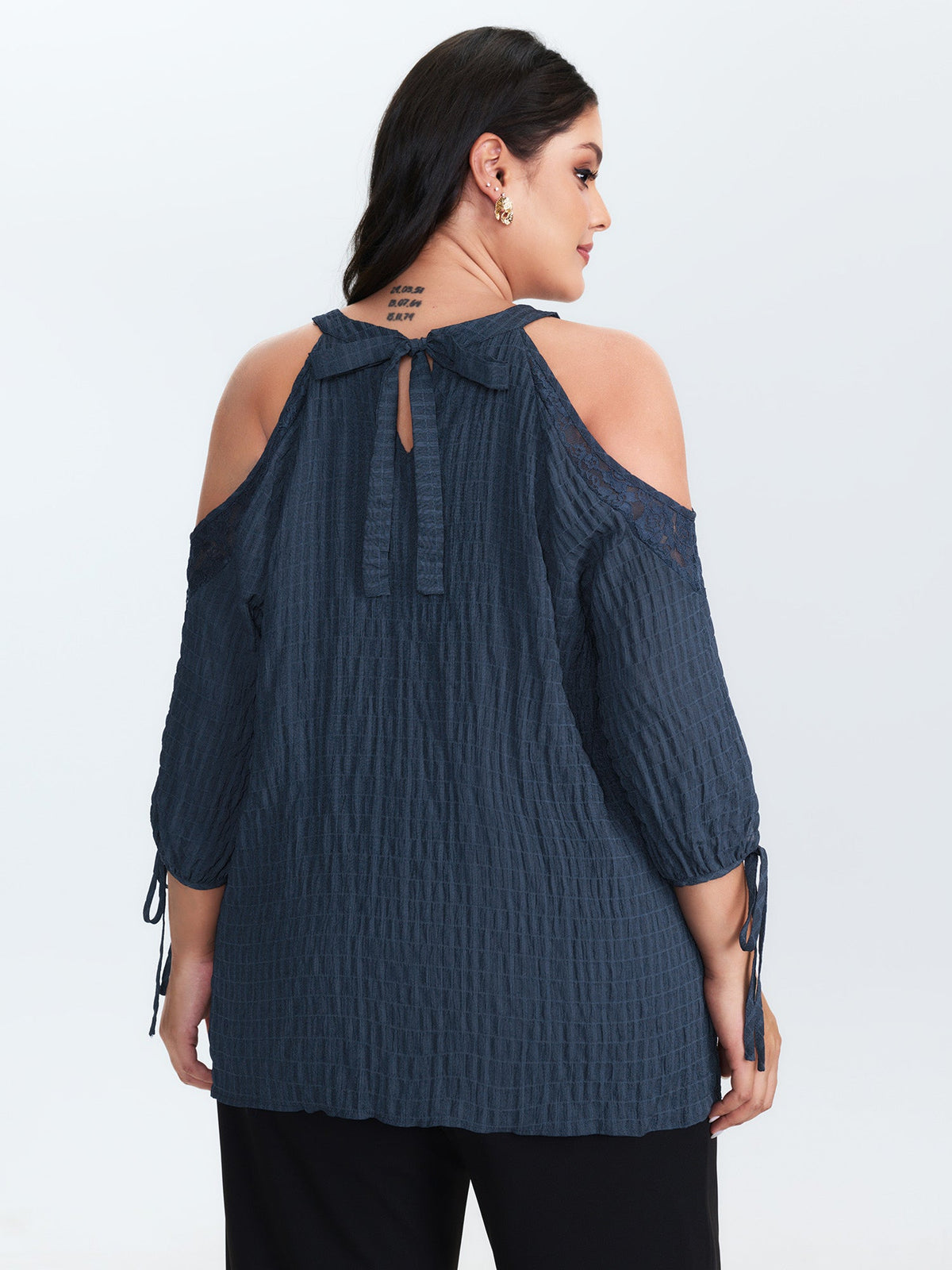 Shoulder Cut-Out Textured Back-Tie Blouse