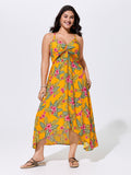 Tropical Print Twist Front Flowy Midi Dress