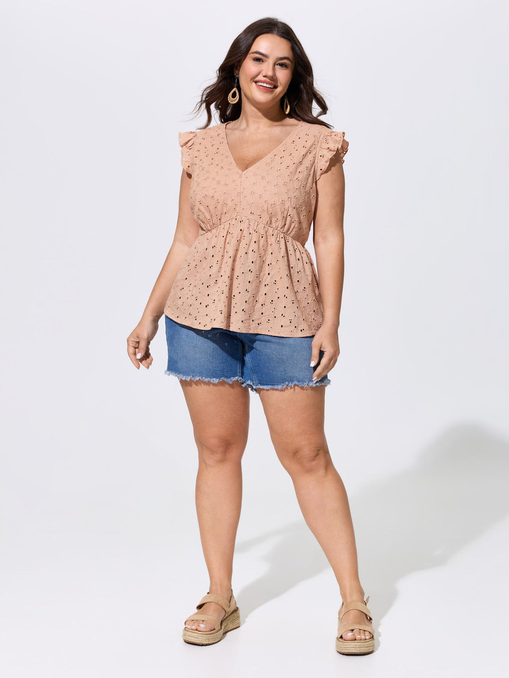 Cotton Eyelet Trim Flutter Sleeve Blouse