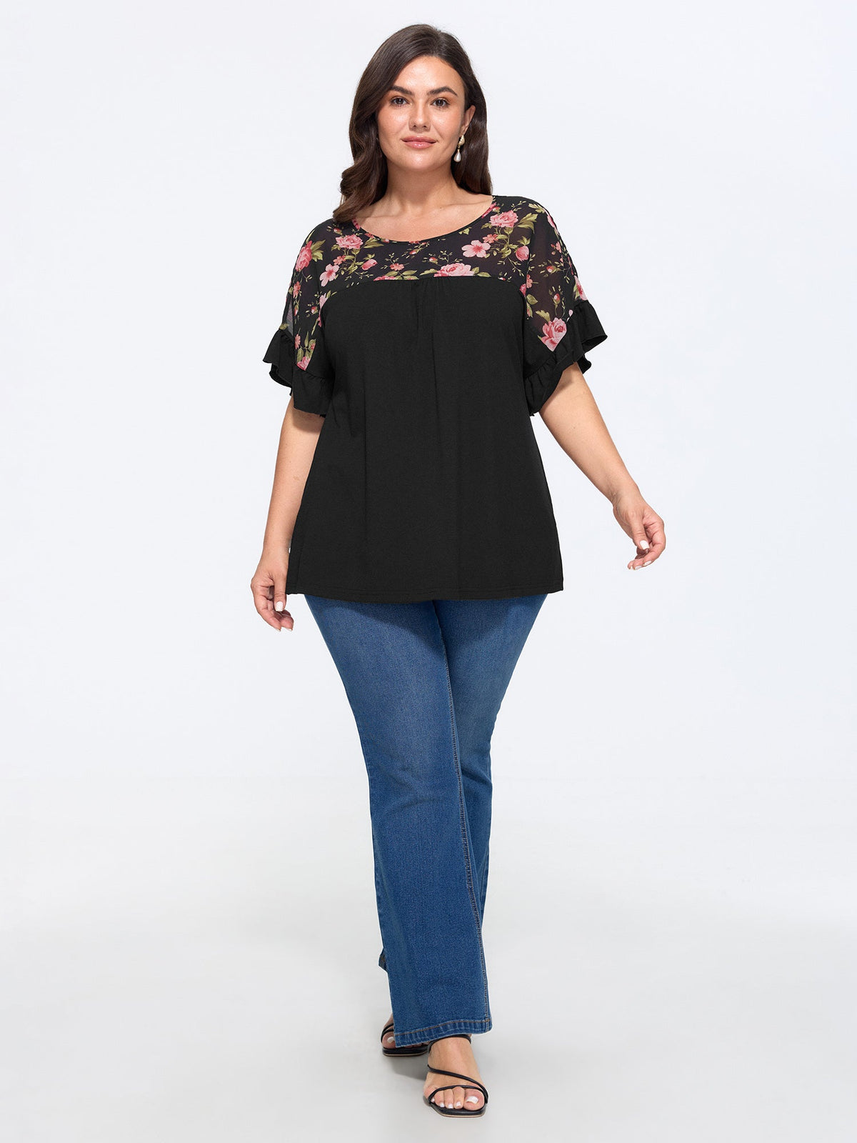 Supersoft Floral Print Ruffle Sleeve Patchwork Top