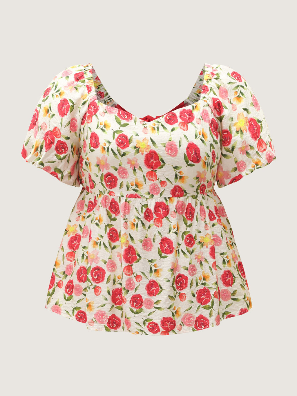 Rose Print Bubble Sleeve Babydoll Blouse