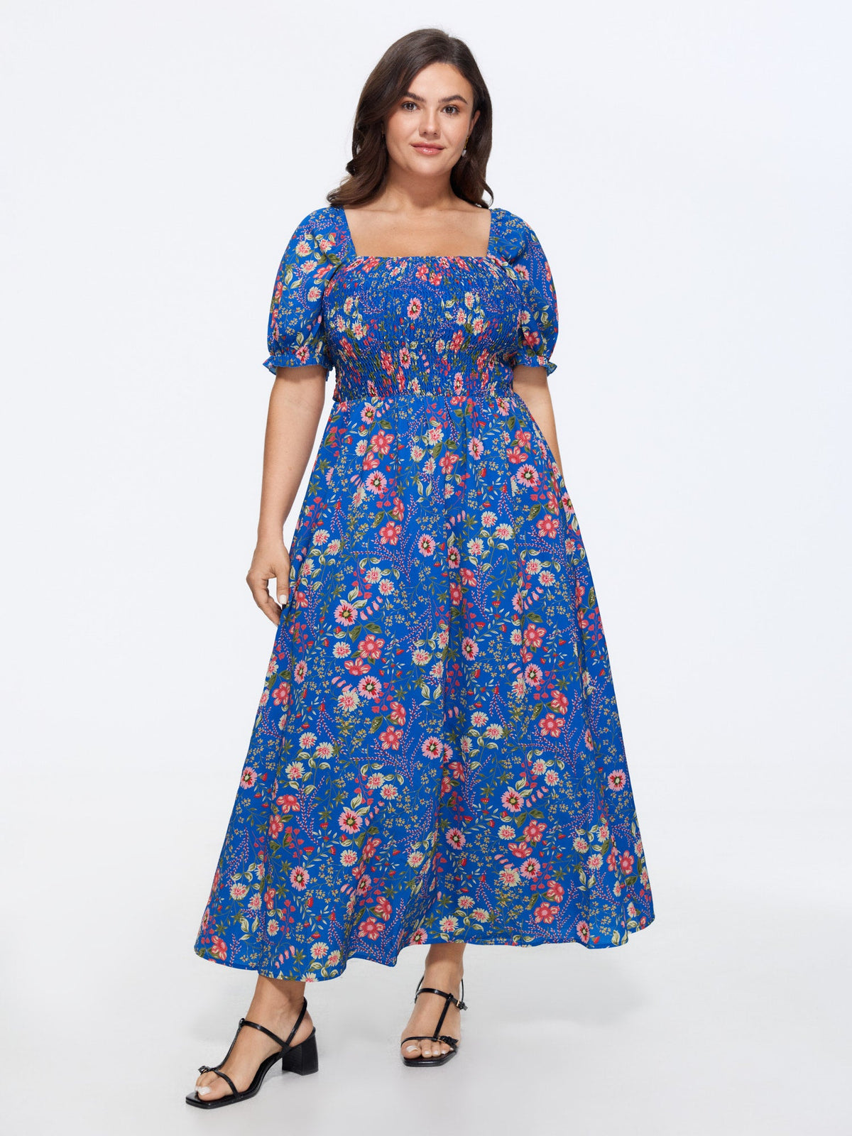 Shirred Floral Print Pockets Maxi Dress