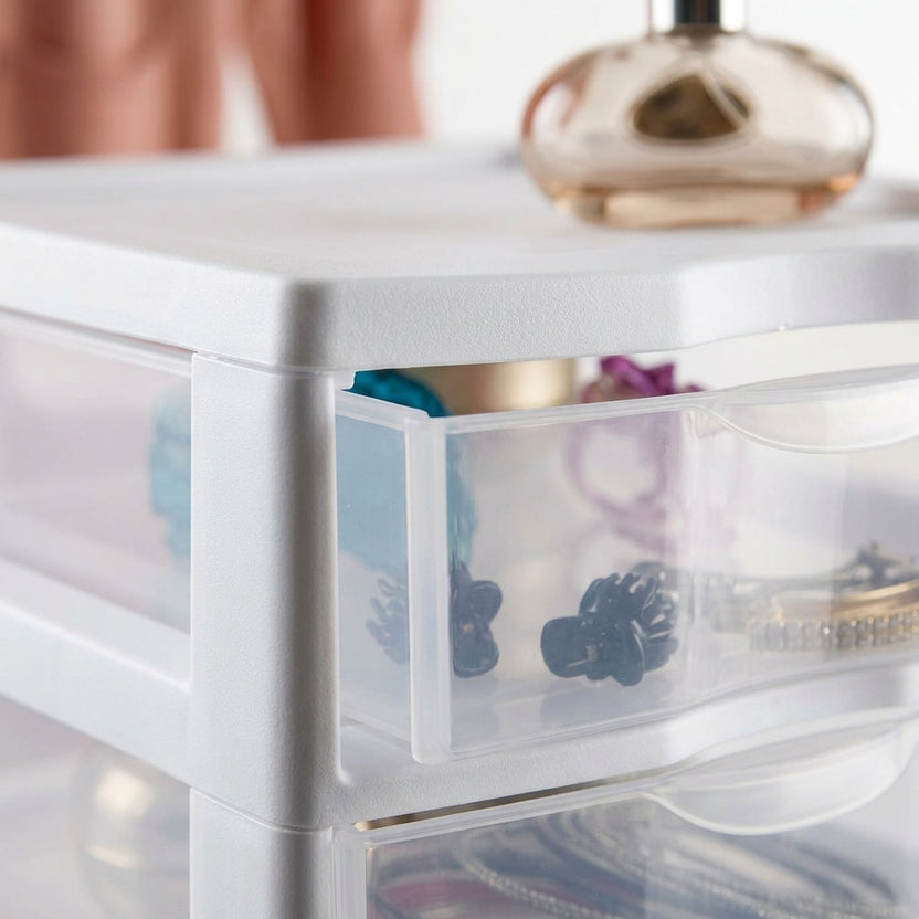 3-Tier Plastic Desktop Drawer Organizer, White Frame Semi-Clear Storage Chest for Desk, Vanity, Makeup & Small Office Supplies