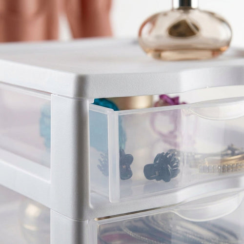3-Tier Plastic Desktop Drawer Organizer, White Frame Semi-Clear Storage Chest for Desk, Vanity, Makeup & Small Office Supplies
