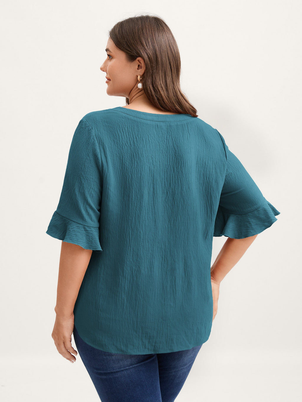 Toothpick Pleats Ruffled Sleeve Solid Blouse